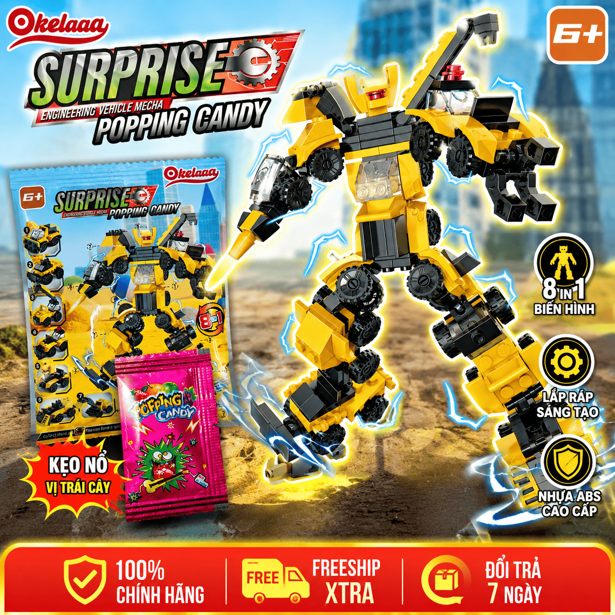 Đồ Chơi Lego Xe Công Trình Lắp Ráp Robot 8in1 Kèm Kẹo Nổ Okelaaa