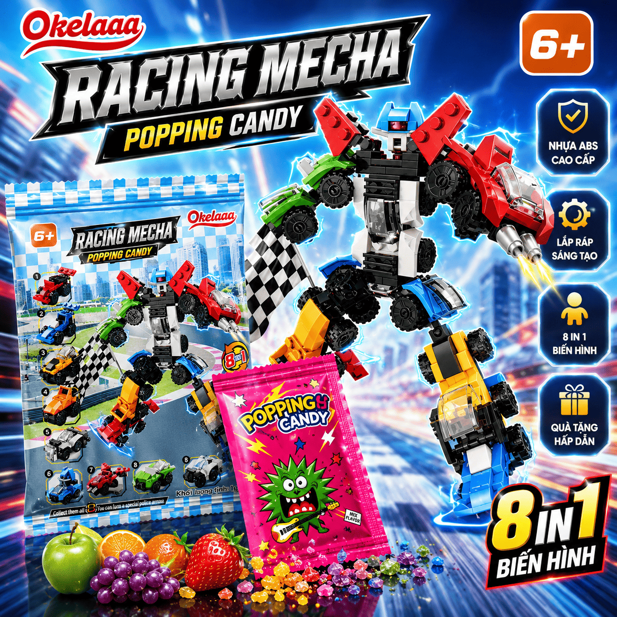 Đồ Chơi Lắp Ráp Lego Xe Đua Biến Hình Robot 8in1 Kèm Kẹo Nổ Okelaaa