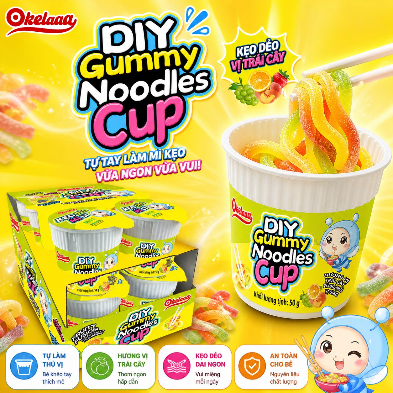 Kẹo Dẻo Mì Ly Okelaaa – Kẹo Dẻo Sợi Mì Vui Nhộn Ăn Vặt Cho Bé
